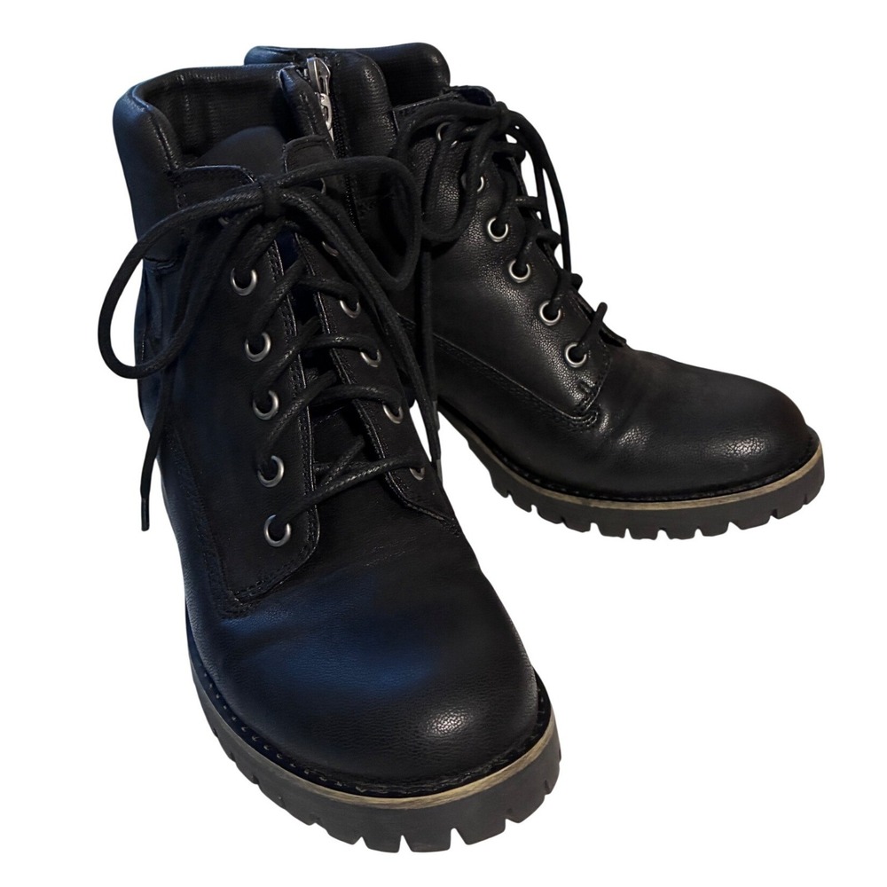 Crown Vintage Black Lace Up Combat Ankle Boots Block Heel Lug Sole Size 8M